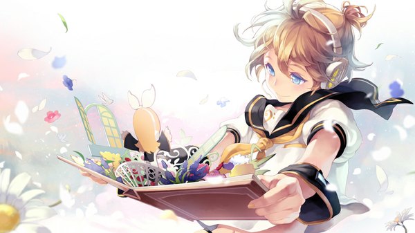 Anime picture 1000x563 with vocaloid kagamine rin kagamine len comet (teamon) short hair blue eyes blonde hair smile wide image wind brother and sister girl boy flower (flowers) petals window headphones book (books) chamomile