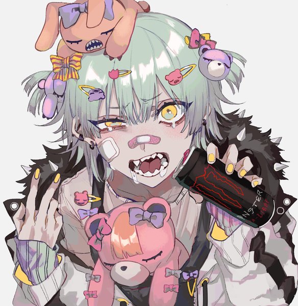 Anime picture 2020x2076 with original monster energy kuroume (aihikarikuroume24) single tall image looking at viewer highres short hair open mouth simple background white background yellow eyes upper body nail polish aqua hair teeth two side up piercing ear piercing saliva