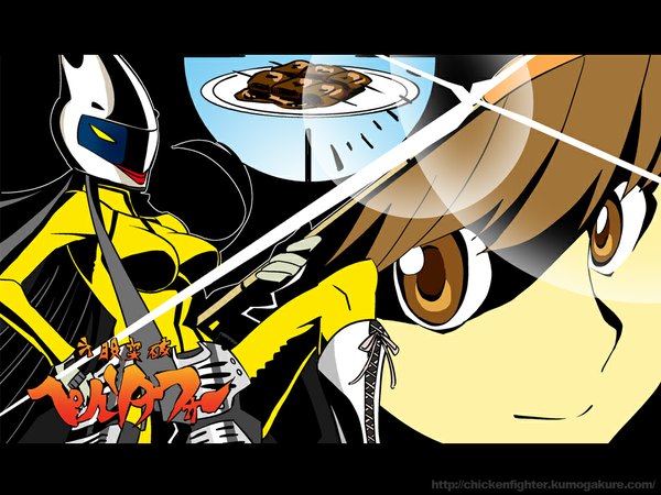 Anime picture 1024x768 with tengen toppa gurren lagann persona 4 persona gainax satonaka chie brown hair brown eyes watermark parody food oto tin tomoe (persona)