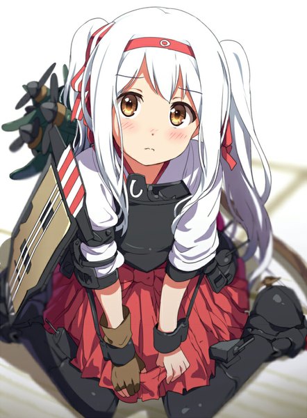 Anime picture 664x900 with kantai collection shoukaku aircraft carrier ogipote single long hair tall image looking at viewer fringe sitting twintails brown eyes white hair wariza alternate hairstyle girl skirt gloves shirt hairband armor