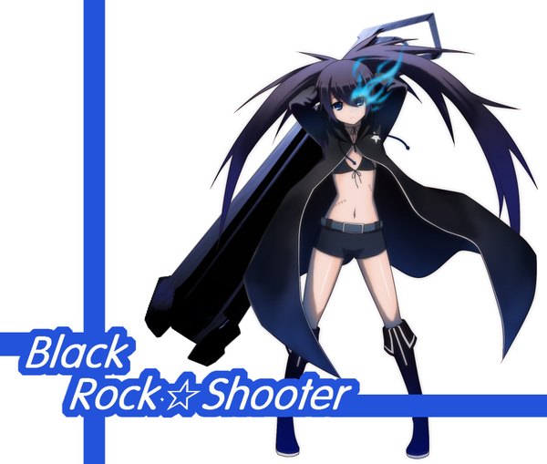 Anime picture 1931x1641 with black rock shooter black rock shooter (character) kenneth (qq) single long hair highres blue eyes black hair twintails inscription glowing scar glowing eye (eyes) girl shorts bikini top