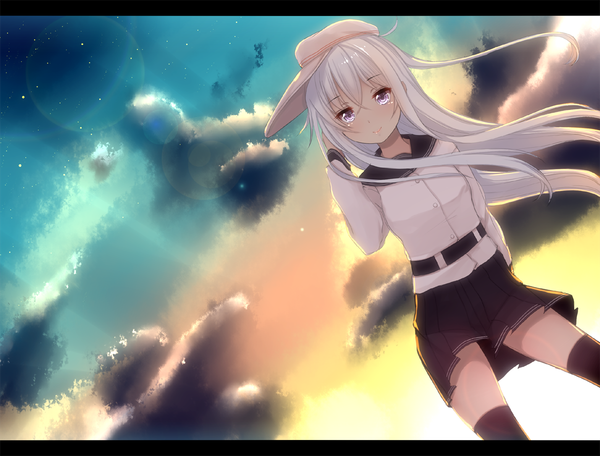 Anime picture 1200x913 with kantai collection hibiki destroyer verniy destroyer kiyomin single long hair blush fringe smile standing cloud (clouds) white hair pleated skirt pink eyes sunlight night night sky adjusting hair evening sunset