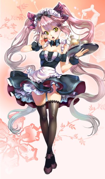 Anime picture 3150x5340 with original chushengdao single long hair tall image highres twintails yellow eyes pink hair absurdres maid girl thighhighs bow black thighhighs hair bow food frills headdress maid headdress