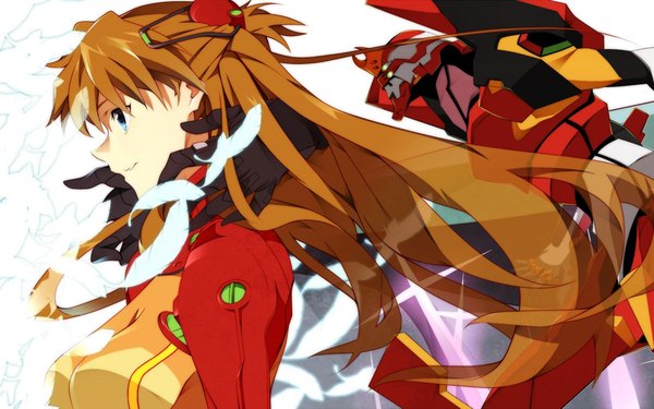 Anime picture 1920x1200 with neon genesis evangelion evangelion: 2.0 you can (not) advance gainax soryu asuka langley long hair highres blue eyes wide image profile orange hair girl gloves feather (feathers) bodysuit pilot suit mecha