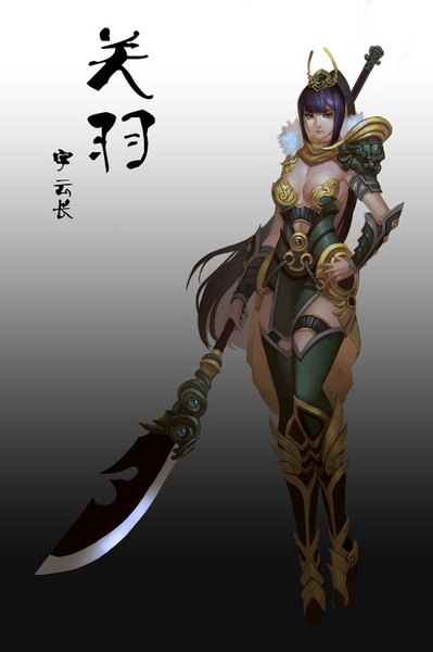 Anime picture 998x1500 with kalata single long hair tall image looking at viewer fringe breasts light erotic simple background red eyes purple hair ponytail lips inscription hieroglyph girl weapon armor fur spaulder (spaulders)