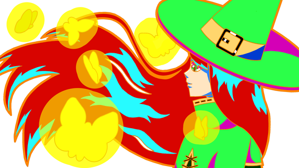 Anime picture 3840x2160 with original fenno7 single long hair fringe highres simple background wide image green eyes looking away absurdres upper body red hair floating hair back outline popped collar mage girl hat