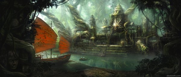 Anime picture 1920x817 with alextooth highres wide image signed hieroglyph reflection landscape river plant (plants) tree (trees) water stairs castle watercraft people ship statue shrine boat oar