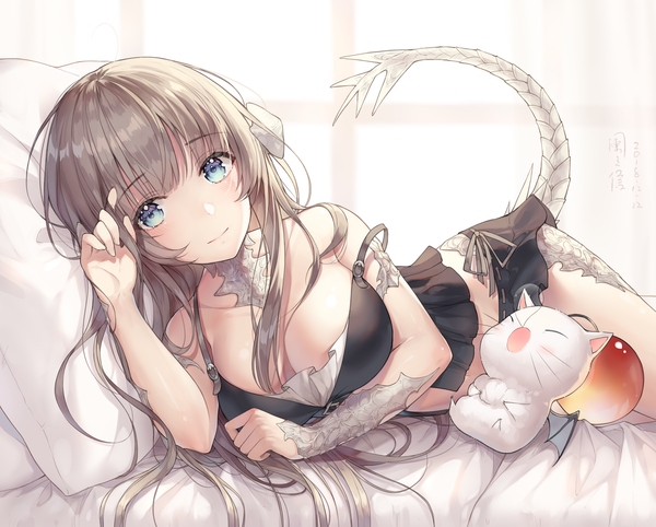 Anime picture 1586x1276 with final fantasy final fantasy xiv square enix au ra moogle ayuanlv single long hair looking at viewer blush fringe breasts blue eyes light erotic smile brown hair large breasts cleavage tail lying