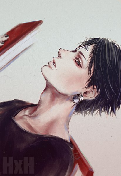 Anime picture 650x945 with hunter x hunter chrollo lucilfer rainnoir single tall image short hair black hair simple background green eyes nail polish parted lips fingernails lips facial mark eyebrows boy book (books)