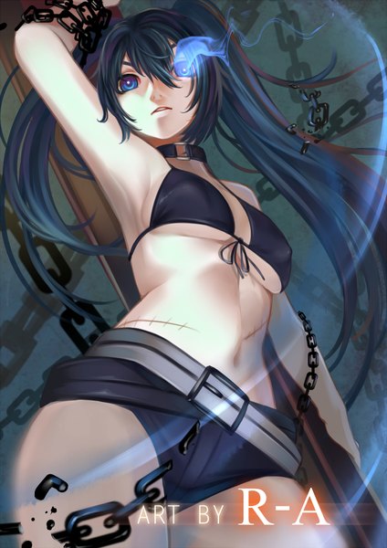 Anime picture 1272x1800 with black rock shooter black rock shooter (character) aurora rokudo single long hair tall image breasts blue eyes light erotic twintails holding parted lips from below armpit (armpits) midriff text glowing scar glowing eye (eyes) broken