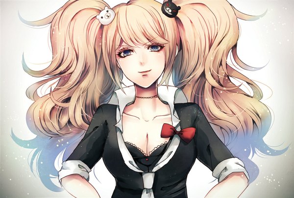 Anime picture 1020x689 with dangan ronpa enoshima junko z-epto (chat-noir86) single long hair looking at viewer fringe breasts blue eyes blonde hair smile twintails cleavage lips wavy hair smirk girl bow