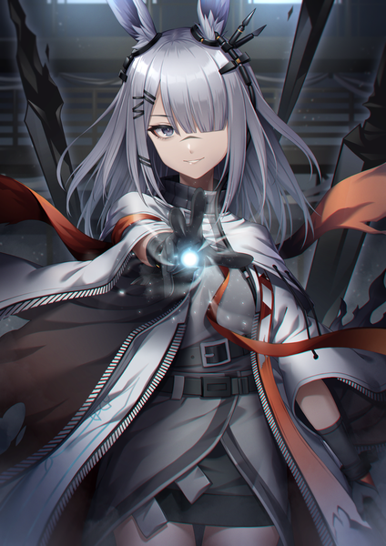 Anime picture 1447x2047 with arknights frostnova (arknights) noro assumed single long hair tall image looking at viewer fringe standing animal ears silver hair indoors blunt bangs light smile hair over one eye bunny ears outstretched arm magic light bunny girl