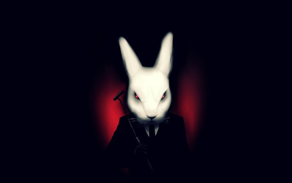 Anime picture 1691x1057 with original misfits single looking at viewer simple background red eyes wide image standing holding animal ears bunny ears black background boy gloves mustache tailcoat golf club