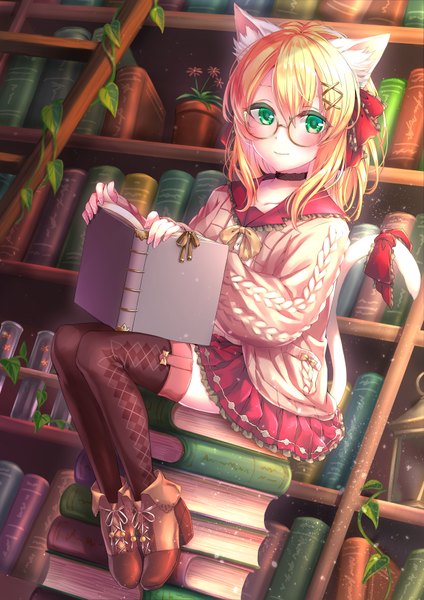 Anime picture 2480x3508 with original routo (rot 0) single long hair tall image looking at viewer blush fringe highres blonde hair hair between eyes green eyes full body tail ribbon girl thighhighs skirt hair ornament bow black thighhighs