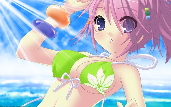 Anime picture 1920x1200 with tagme (artist) looking at viewer highres short hair breasts light erotic wide image purple eyes pink hair girl swimsuit bikini bracelet