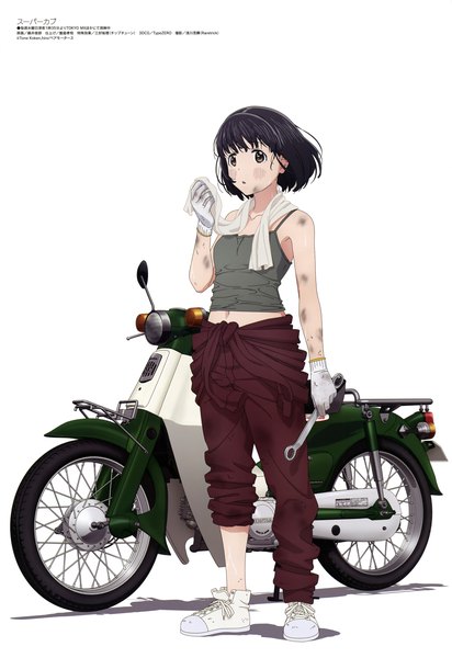 Anime picture 4091x5956 with super cub megami magazine koguma (super cub) fujii toshirou single tall image highres short hair black hair simple background standing white background absurdres scan official art towel around neck dirty girl gloves shoes