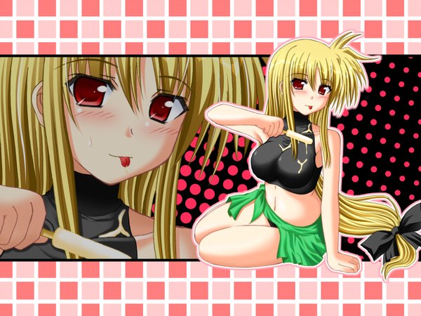 Anime picture 1600x1200 with mahou shoujo lyrical nanoha fate testarossa single long hair looking at viewer blush light erotic blonde hair red eyes bare shoulders sweat legs girl bow hair bow food sweets tongue ice cream