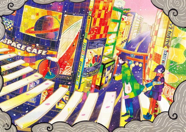 Anime picture 1200x855 with original kubo (black-vinegar) kubo-isako short hair holding purple hair wind smoke street girl boy skirt petals glasses scarf building (buildings) bag coat torii road