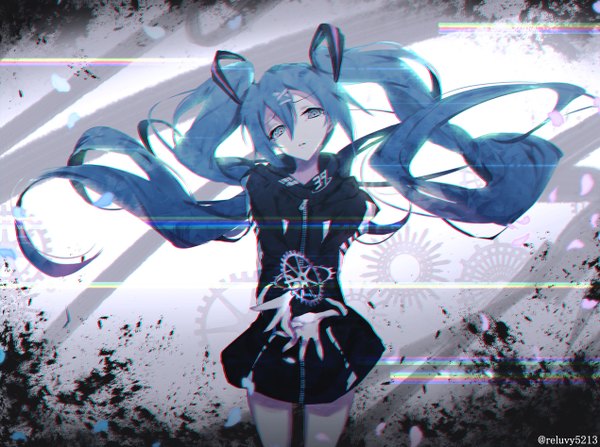 Anime picture 2540x1896 with vocaloid hatsune miku reluvy single long hair looking at viewer fringe highres blue eyes hair between eyes standing twintails signed blue hair very long hair head tilt twitter username floating hair girl hair ornament