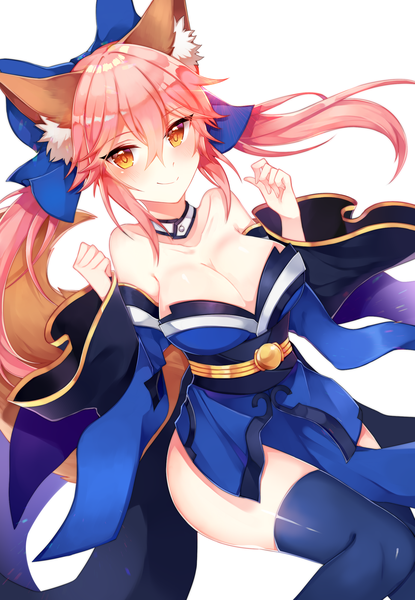 Anime picture 1800x2600 with fate (series) fate/extra tamamo (fate) (all) tamamo no mae (fate) rijjin zin rit single long hair tall image blush fringe highres breasts light erotic simple background smile hair between eyes large breasts white background twintails
