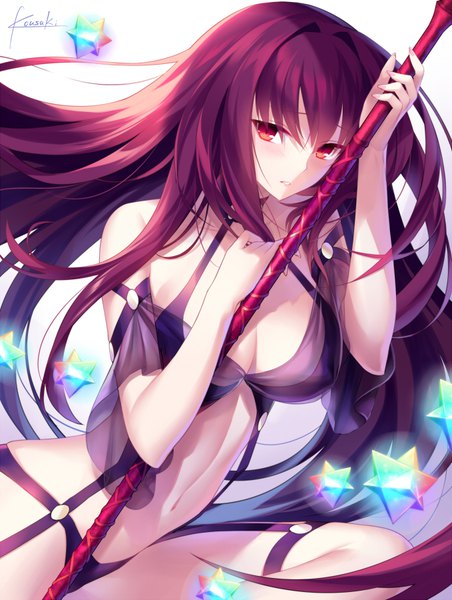 Anime picture 679x900 with fate (series) fate/grand order scathach (fate) (all) scathach (fate) kousaki rui single long hair tall image looking at viewer blush fringe breasts light erotic simple background hair between eyes red eyes large breasts sitting signed purple hair