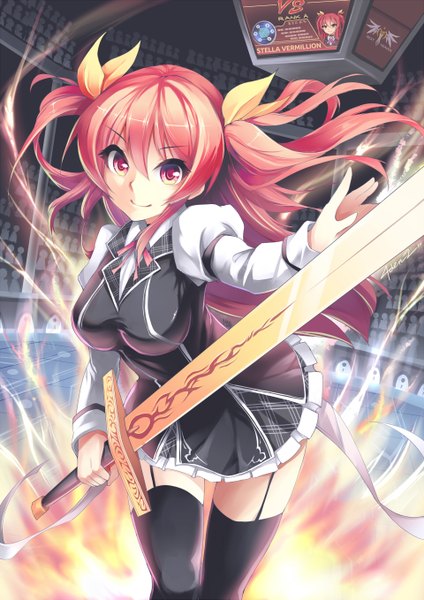 Anime picture 960x1357 with rakudai kishi no cavalry stella vermillion mystic-san single long hair tall image looking at viewer fringe breasts smile hair between eyes red eyes large breasts standing holding red hair indoors leaning two side up zettai ryouiki