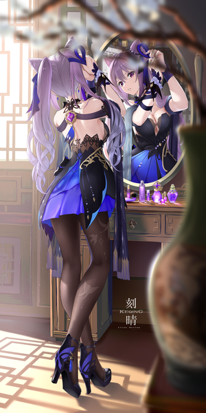 Anime picture 2508x5016 with genshin impact keqing (genshin impact) keqing (opulent splendor) (genshin impact) kokuusinsin single long hair tall image looking at viewer fringe highres breasts light erotic hair between eyes standing purple eyes twintails signed cleavage purple hair full body