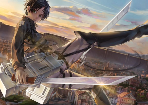Anime picture 2500x1778 with shingeki no kyojin production i.g eren yaeger windyakuma single looking at viewer highres short hair black hair holding green eyes sky cloud (clouds) city cityscape flying dual wielding boy uniform weapon