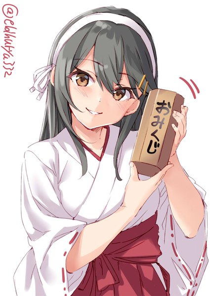 Anime picture 991x1400 with kantai collection haruna battleship ebifurya single long hair tall image looking at viewer blush fringe simple background smile hair between eyes standing white background holding brown eyes signed payot traditional clothes head tilt