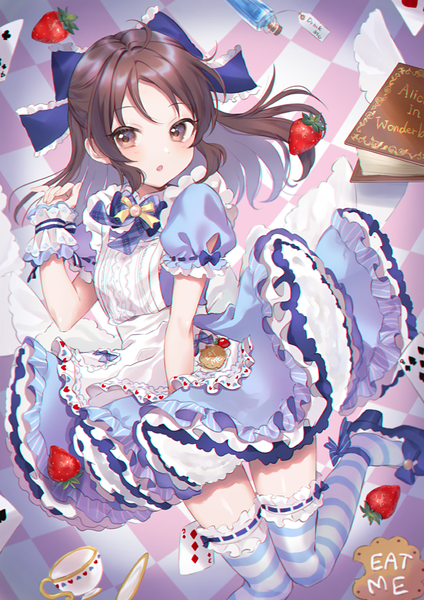 Anime picture 884x1250 with idolmaster idolmaster cinderella girls idolmaster cinderella girls starlight stage alice in wonderland tachibana arisu anoa single long hair tall image looking at viewer blush open mouth brown hair brown eyes payot bent knee (knees) inscription :o puffy sleeves half updo