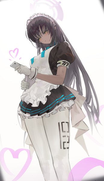Anime picture 986x1711 with blue archive karin (blue archive) koio single long hair tall image black hair white background yellow eyes from below maid puffy sleeves dark skin looking down girl gloves uniform pantyhose white gloves headdress