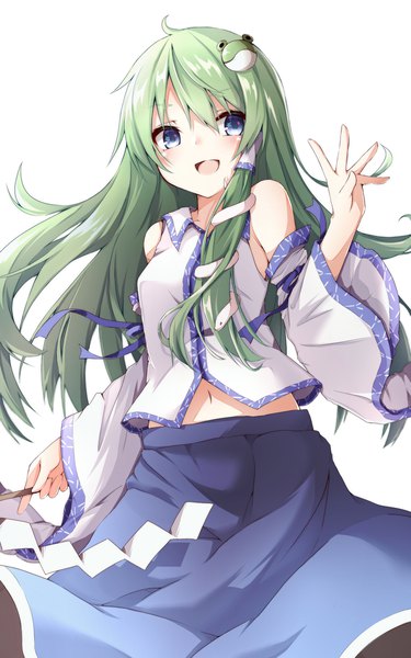 Anime picture 1000x1600 with touhou kochiya sanae nankotsu single long hair tall image fringe open mouth blue eyes simple background hair between eyes white background traditional clothes :d japanese clothes green hair nontraditional miko waving girl skirt
