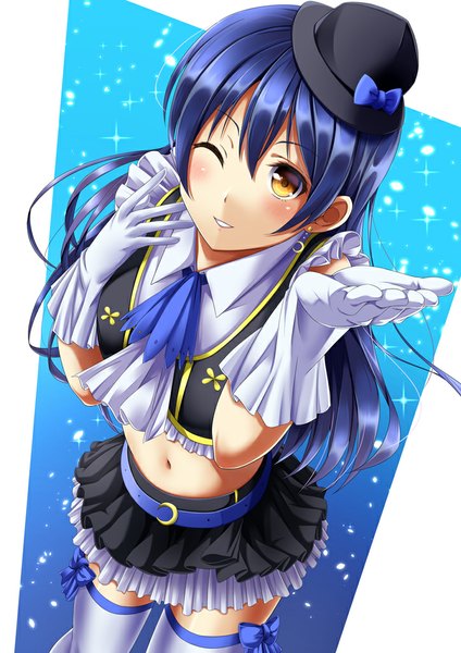 Anime picture 724x1024 with love live! school idol project sunrise (studio) love live! sonoda umi fukuma single long hair tall image looking at viewer blush yellow eyes blue hair one eye closed wink girl thighhighs dress gloves navel hat