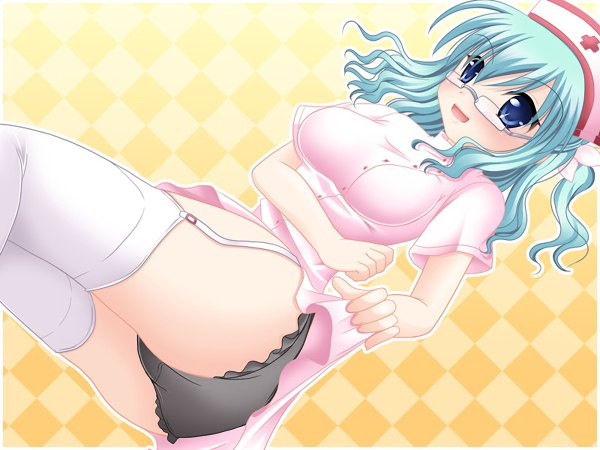 Anime picture 1200x900 with blue eyes light erotic blue hair game cg pantyshot nurse girl underwear panties glasses