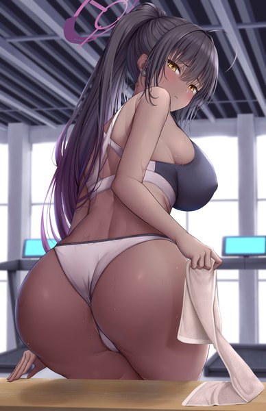 Anime picture 2588x4000 with blue archive karin (blue archive) melopun single long hair tall image looking at viewer blush fringe highres breasts light erotic black hair hair between eyes large breasts holding yellow eyes payot ahoge ass