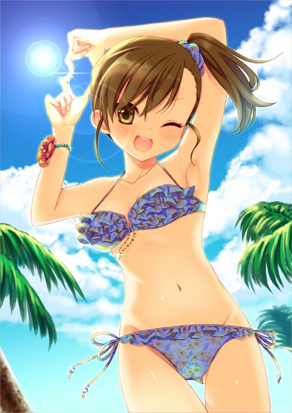 Anime picture 868x1228 with idolmaster futami mami hiiiiron kocho single tall image looking at viewer short hair open mouth light erotic brown hair brown eyes sky cloud (clouds) one eye closed wink side ponytail heart hands girl navel swimsuit