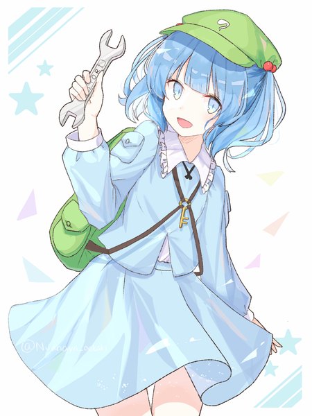 Anime picture 3648x4866 with touhou kawashiro nitori nyanaya single tall image highres short hair open mouth blue eyes twintails signed blue hair absurdres :d twitter username short twintails girl skirt hat star (symbol)
