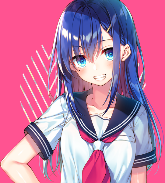 Anime picture 1146x1268 with original toosaka asagi single long hair tall image looking at viewer blush fringe blue eyes simple background smile payot blue hair upper body mole short sleeves mole under eye grin pink background shiny