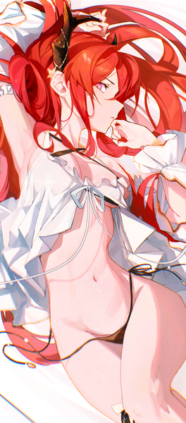 Anime picture 1320x3000 with arknights surtr (arknights) surtr (colorful wonderland) (arknights) darah single long hair tall image looking at viewer fringe breasts light erotic simple background hair between eyes white background red hair lying profile pink eyes horn (horns) arms up