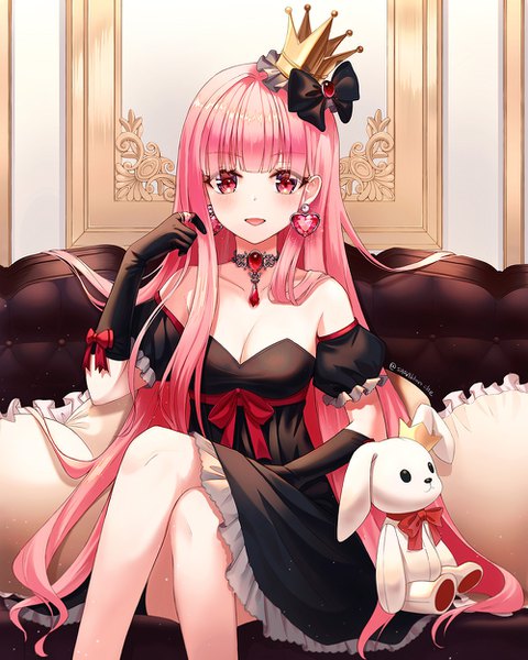 Anime picture 1000x1249 with original eunji0093 single long hair tall image looking at viewer blush fringe breasts open mouth smile red eyes sitting bare shoulders signed pink hair cleavage indoors blunt bangs :d