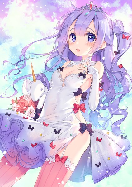 Anime picture 1500x2121 with azur lane unicorn (azur lane) manle single long hair tall image looking at viewer blush fringe breasts light erotic hair between eyes standing purple eyes holding payot purple hair ahoge sparkle dutch angle