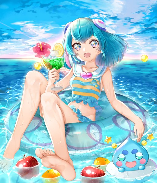 Anime picture 2000x2340 with precure star twinkle precure toei animation hagoromo lala prunce (precure) yuutarou (fukiiincho) single tall image looking at viewer fringe highres short hair open mouth blue eyes hair between eyes blue hair sky cloud (clouds) :d partially submerged