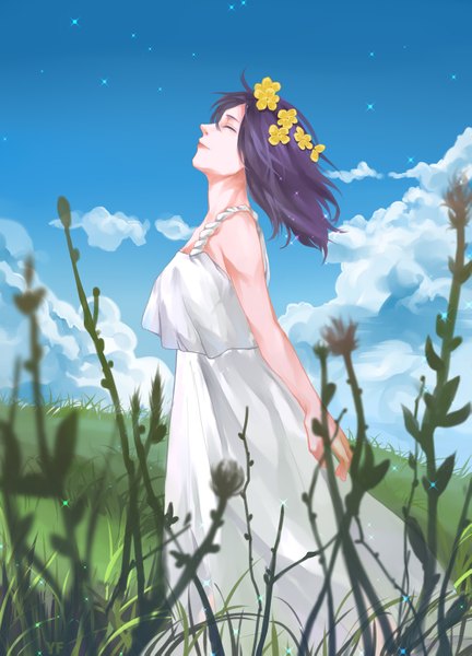 Anime picture 1125x1563 with original yf (artist) single tall image short hair standing bare shoulders sky purple hair cloud (clouds) eyes closed hair flower wind spread arms girl dress hair ornament flower (flowers) plant (plants) white dress