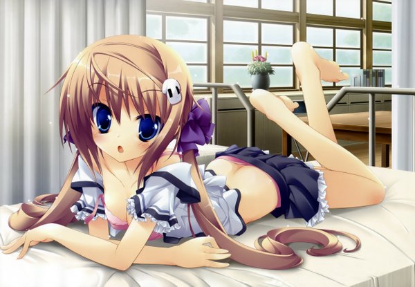 Anime picture 5020x3475 with koiiro soramoyou (game) shinohara sera lucie long hair highres blue eyes light erotic brown hair open clothes open shirt undressing uniform underwear panties bow hair bow school uniform bed