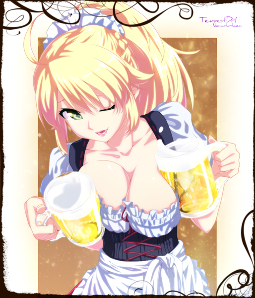 Anime picture 857x1000 with idolmaster hoshii miki tempestdh single long hair tall image breasts open mouth light erotic blonde hair large breasts green eyes cleavage ahoge ponytail one eye closed wink maid lipstick coloring