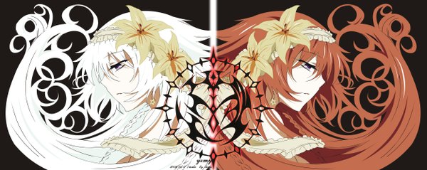 Anime picture 2503x1000 with pandora hearts xebec alice (pandora hearts) long hair fringe highres simple background brown hair wide image multiple girls white hair profile hair flower dual persona symmetry girl hair ornament flower (flowers) 2 girls bonnet