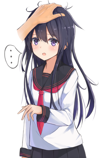 Anime picture 730x1082 with kantai collection akatsuki destroyer hachita (odangoya) single long hair tall image looking at viewer blush fringe open mouth simple background hair between eyes white background purple eyes purple hair arm up embarrassed messy hair hand on another's head remodel (kantai collection)
