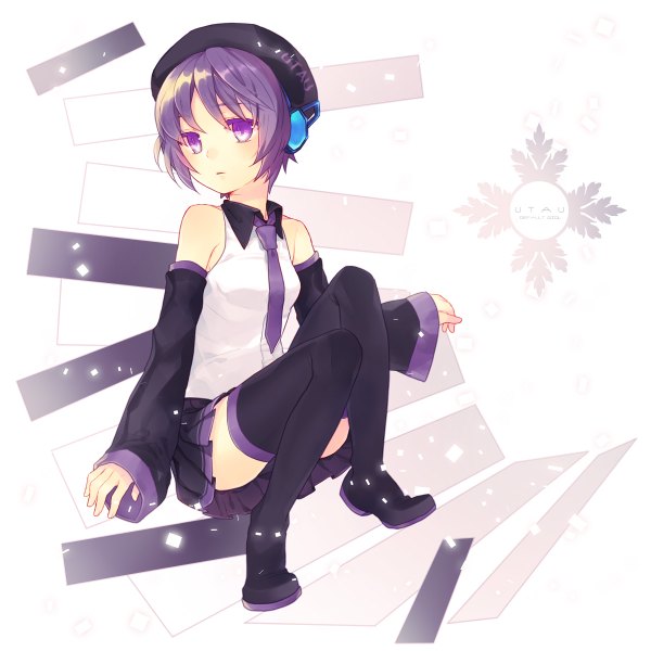 Anime picture 1200x1200 with utau utane uta renta (deja-vu) short hair sitting purple eyes purple hair pleated skirt girl detached sleeves necktie headphones thigh boots beret