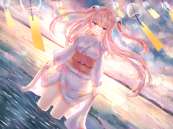 Anime picture 1152x864 with virtual youtuber gabriel (vtuber) fujimori shiki single long hair looking at viewer blush fringe light erotic smile hair between eyes standing signed pink hair sky cloud (clouds) ahoge outdoors traditional clothes japanese clothes
