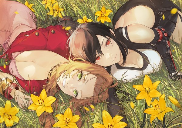 Anime picture 1500x1061 with final fantasy final fantasy vii final fantasy vii remake square enix tifa lockhart aerith gainsborough fadingz long hair looking at viewer fringe breasts light erotic black hair smile hair between eyes red eyes brown hair large breasts multiple girls green eyes
